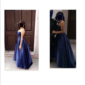 SATIN STRAPLESS HIGH-LOW BALL GOWN WITH POCKETS